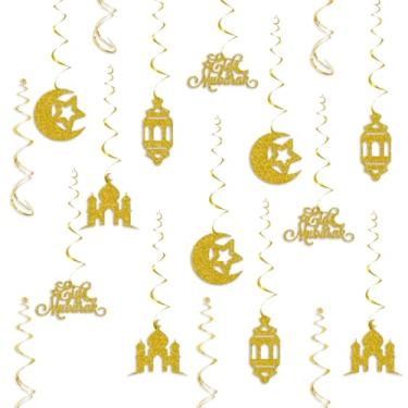 Imagem de Plzaxou Eid Mubarak Decorações, Eid Mubarak com glitter dourado, redemoinhos, estrela, lua, lanterna, decoração para festa Eid Festival, muçulmano, material de decoração de festa
