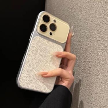 Imagem de Capa de couro com janela grande e blocos de cores para iPhone 13, 17 Pro Max, 16, 15, 14 Pro Max com proteção para lente de vidro (para iPhone 15 Pro/Branco)