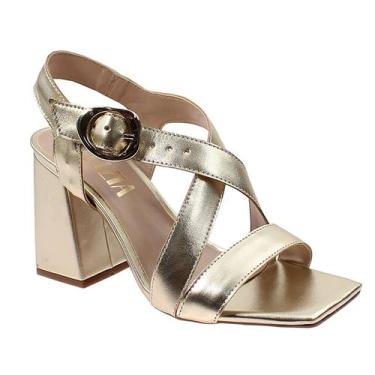 Imagem de Sandália Feminina Véspera Salto Alto Bloco Fivela Tiras Cruzadas Doura