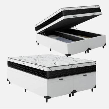 Imagem de Cama Box Baú Queen 158 Bipartido Sintético Branco com Colchão Espuma D