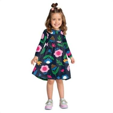Imagem de Vestido Kyly Infantil Menina Manga Longa Azul Marinho Floral-Feminino