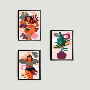 Imagem de Kit 3 Quadros Figurativos Mulheres E Folhagens 45X34 Preta