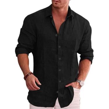 Imagem de Camisa Masculina Plus Size Casual de Algodão e Linho - Manga Comprida,