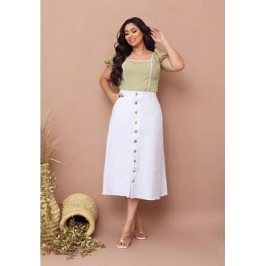 Imagem de Saia Jeans Longa Branca Toda Lisa Com Botões e Bolsos 100 Jeans Luxo M
