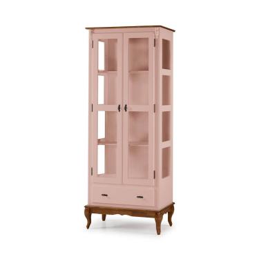 Imagem de Cristaleira 2 Portas e Laterais em Vidro 1 Gaveta Pés Luis XV Sevilha - Rosa Algodão Doce/Imbuia