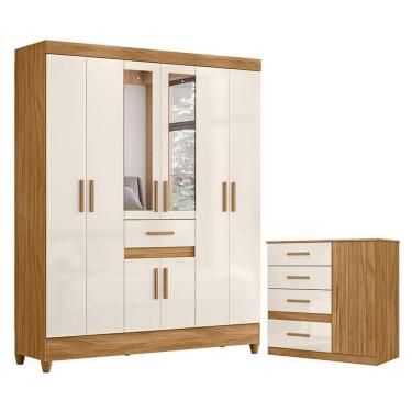 Imagem de Guarda Roupa Casal Portugal com Espelho e Cômoda Vênus Freijó Off White – Moval