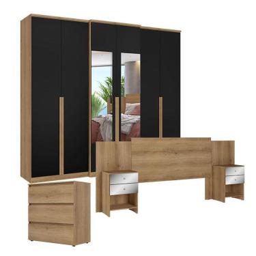 Imagem de Guarda Roupa Casal Valência 6 Portas Glass Capuccino Preto com Cômoda Gaveteiro Condessa e Cabeceira Formosa Glass Capuccino - THB