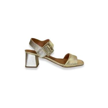 Imagem de Sandália Salto Bloco Dourada Metalizada Couro J.A Shoes, 37