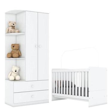 Imagem de Berço Nacional E Guarda Roupa Infantil Labirinto Branco Brilho - Henn 