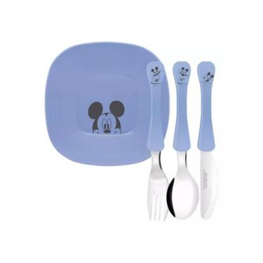 Imagem de Prato Tigela Bowl Talheres Refeiçao Infantil Mickey Azul 5un - SIMONAG