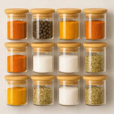 Imagem de Porta Condimentos Kit Mr1325 Armazenamento Hermético Vidro Borossilicato e Tampa de Bambu Cozinha 12 Unidades 200ml