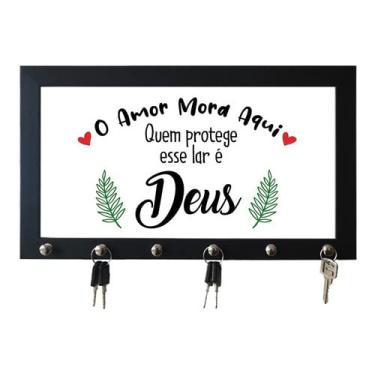 Imagem de Porta Chaves com Moldura com 6 ganhos O Amor Mora Aqui (Preto)