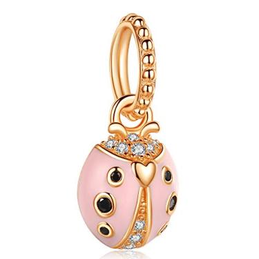 Imagem de Kaletine Pingentes de contas de joaninha de prata esterlina 925 em ouro rosa pulseira ajustável para mulheres e meninas, faça você mesmo