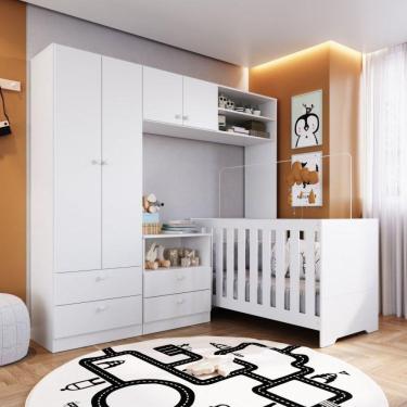 Imagem de Conjunto Quarto Infantil com Berço 3 em 1, Cômoda 2 Gavetas 1 Nicho e Guarda Roupas Completa Móveis Branco