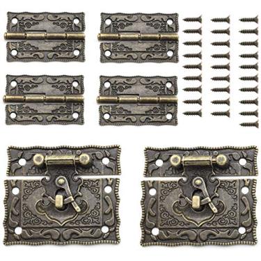 Imagem de SDTC Tech Antique Bronze Retangular Gancho Direto Trava e Dobradiça Gravada Kit para Decoração Vintage Estilo Móveis Joias Caixa Gabinete Suitcase (2X Hastes + 4X Dobradiças)