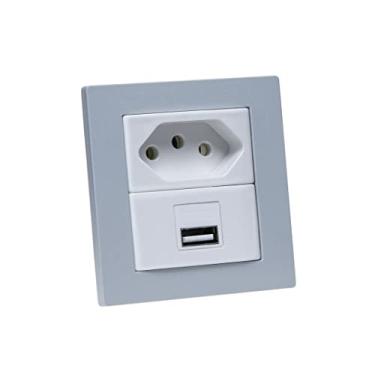Imagem de Espelho de Tomada Duplo Reto com 1 Tomada 20A 1 Usb 3A Cinza