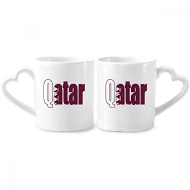 Imagem de Conjunto de canecas de porcelana para casal, nome da bandeira do país do Qatar e coração