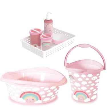 Imagem de Kit Banho Do Bebe Balde,bacia E Kit Higiene Arco-iris plasutil