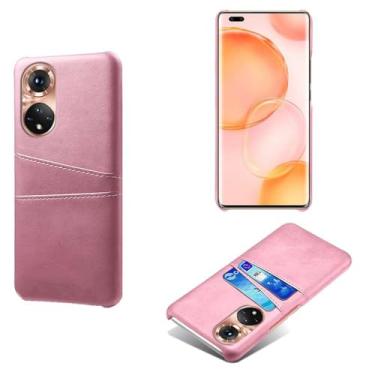 Imagem de Capas Compatível com Honor 50 Pro,Caso de couro PU-Tampa de telefone a prova de choque com 2 slots de cartão,Proteção anti-impressão digital e anti-gota-Pink