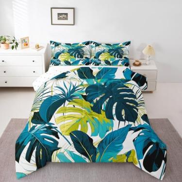 Imagem de jejeloiu Jogo de cama casal com folhas tropicais de folhas tropicais, verão, boêmio, ramos botânicos, natureza, edredom e decoração de quarto