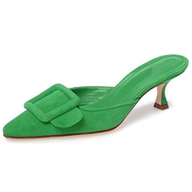Imagem de Divanne Mules de salto para mulheres, bico fino com tira traseira e fivela, salto gatinho, mules deslizantes, sandália social frente única, Verde - 6,5 cm, 7