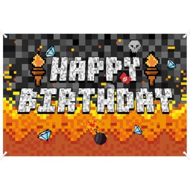 Imagem de Banner Feliz Aniversário Estilo Pixelado, 150x100cm com Fita Fundo Fotográfico Temático de Jogos Ideal para Decoração Festas Infantis Meninos