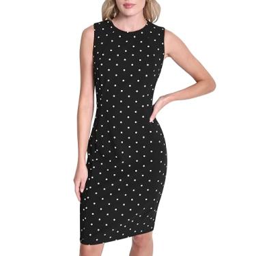 Imagem de DKNY Minivestido feminino sem mangas com decote em forma de joia em crepe e bainha de mergulho, preto/marfim, 16