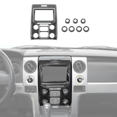 Imagem de CheroCar Kit de acabamento de painel de navegação GPS para console central de fibra de carbono, 9 peças, adequado para Ford F150 Raptor 2013 2014, painel de controle, interruptor, decoração, molduras