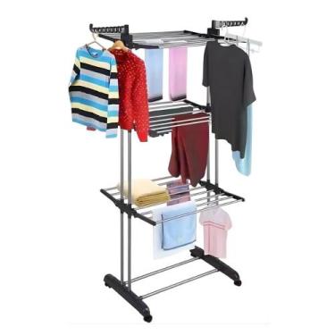 Imagem de Varal de Chão 4 Níveis Dobrável Metal c/ Rodinhas 48kg Preto - Genéric