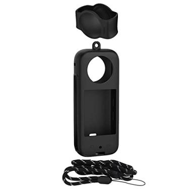 Imagem de HUAYUWA Capa protetora de corpo de câmera de silicone macio com tampa de lente e cordão compatível com câmera de ação Insta360 X3 360 graus