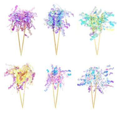 Imagem de Honbay 24 peças de topo de cupcake de alumínio fogos de artifício decoração de bolo de tinsel brilhante comida de coquetel palitos de frutas palitos de dente para decoração de festa de formatura de aniversário casamento (6 cores)