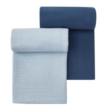 Imagem de QSTEHEML Pacote com 2 cobertores unissex de musselina de algodão para bebês meninos e meninas de 3 a 6 meses, envoltório neutro grande 119 x 119 cm, cobertores para bebês, azul-marinho e azul