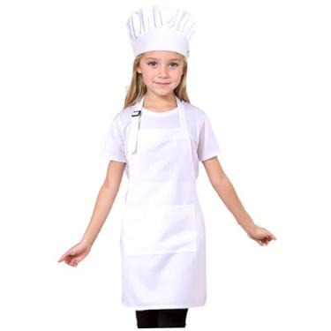 Imagem de Avental infantil conjunto de chapéu de chef e avental ajustável infantil e chapéu de chef avental macio com bolso grande fantasia de chef leve adequado para cozinhar, assar e pintar