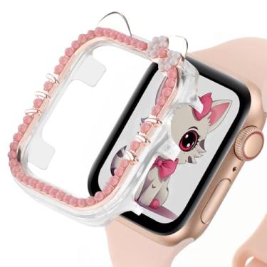 Imagem de Capa protetora de desenho animado compatível com Apple Watch Series 9, 8, 7, 41 mm, 45 mm, séries 6, 5, 4, SE 2, 40 mm e 44 mm, capa protetora de gato fofo, protetor de policarbonato rígido