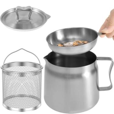 Imagem de DJAPWPX Pote de filtro de óleo de aço inoxidável com tampa e filtro de malha fina lata de armazenamento de óleo com alça ergonômica recipiente de armazenamento de óleo recipiente de graxa de bacon