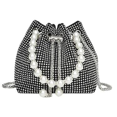 Imagem de Mini bolsa de ombro transversal para noite Shinny Bling Clutch Purse Bucket Pearl Strap Bolsa feminina, Prata, 7.5 inches