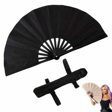 Imagem de Grande Ventilador de rave dobrável para as mãos, ventilador decorativo dobrável portátil para homens mulheres, para apresentação, festivais, presente, dança, decorações (Preto)