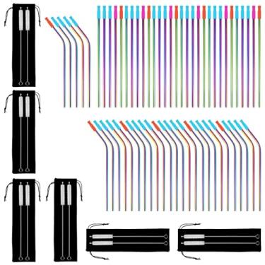 Imagem de 6 canudos de metal reutilizáveis de aço inoxidável, 30 canudos retos + 30 canudos curvos com ponta de silicone para batido, smoothie, bebidas