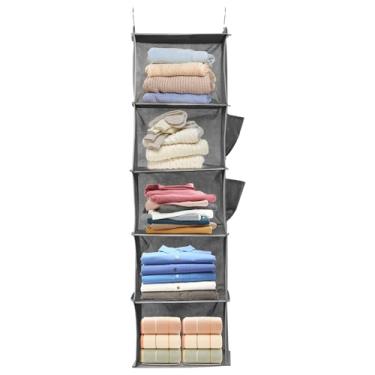 Imagem de Organizador de armário suspenso de 5/6, prateleira de armazenamento suspensa com 2 bolsos laterais e 2 ganchos, prateleiras de armazenamento dobráveis para roupas e acessórios (cinza, quinto andar)