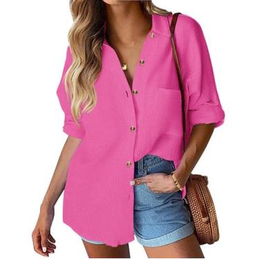 Imagem de Camisa feminina HOTOUCH, de linho, manga comprida, grande, rosa vermel