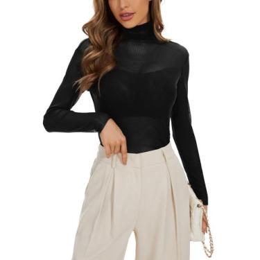 Imagem de Camiseta feminina KICZOY de malha transparente de manga comprida