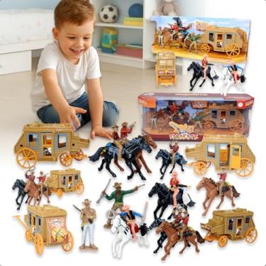 Imagem de Kit bonequinhos Faroeste Com 21 Peças Incluindo Carruagem E Cowboys