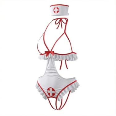 Imagem de Conjunto de lingerie feminina sexy de enfermeira, roupa de cosplay - sutiã frente única e minissaia sem virilha com faixa de cabeça para cosplay/branco-M