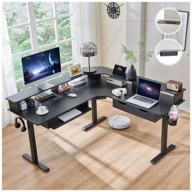 Imagem de Mesa Gamer em L Elétrica RedLemon Fibra de Carbono Preta 152 cm com Altura Ajustável, Gavetas, Bandeja Teclado, Tomadas e Luzes LED