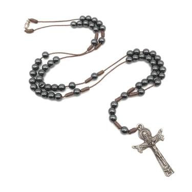 Imagem de Colar Terço São Bento Hematita Prata Velha 6mm