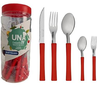 Imagem de Conjunto de talheres 20 Peças Cabo PlásticoVermelho com Pote comGarfo Sobremesa.