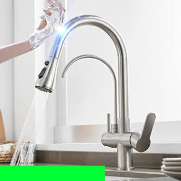Imagem de Filtro de toque dourado Torneira de cozinha Quente Frio Puxe para fora Torneira misturadora de pia de cozinha Purificador de água potável Sensor Torneiras de mistura de cozinha, 9, toque, escovado