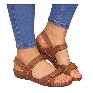 Imagem de Sandálias anabela para mulheres abertas casuais femininas plataforma ao ar livre sandálias de dedo de praia sólidas sapatos femininos casuais, Marrom, 10