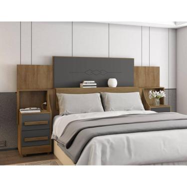 Imagem de Cabeceira Casal Extensível com 2 Mesas de Cabeceira 4 Gavetas 2 Tomadas Síria Cinamomo/Grafite