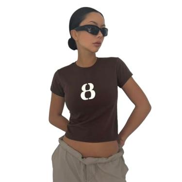 Imagem de COZYEASE Camiseta feminina com número Y2K com estampa de corte justo e manga curta gola redonda, Marrom café, G